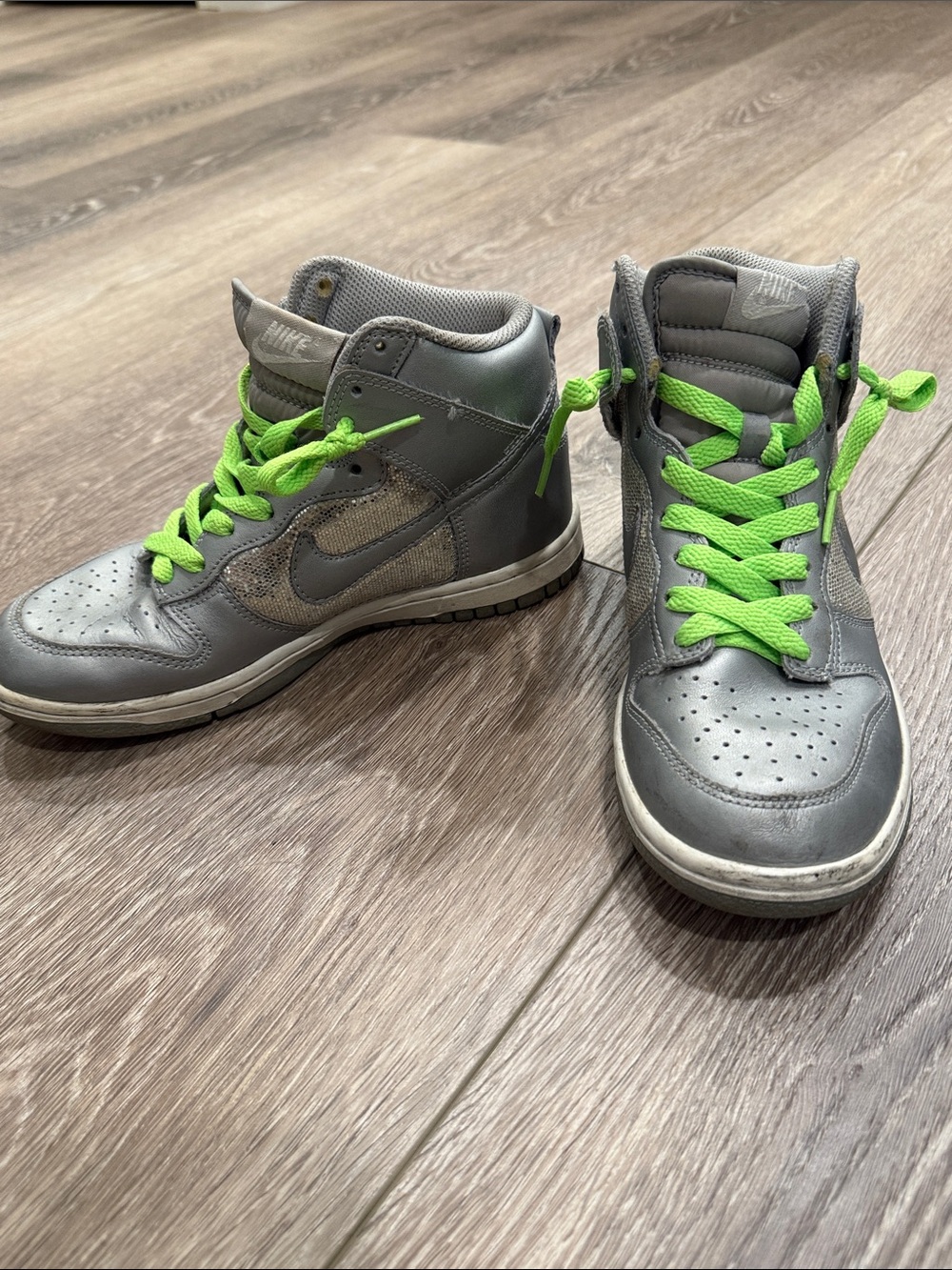 Nike Gray High Dunk Sneakers with Neon Green Laces